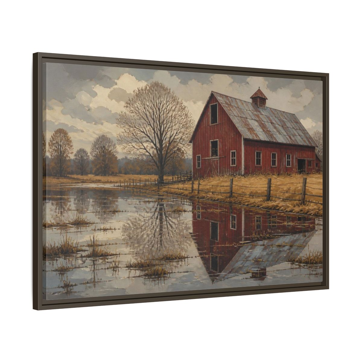 Main Mockup. Rustic Red Barn Reflection shown as framed canvas print