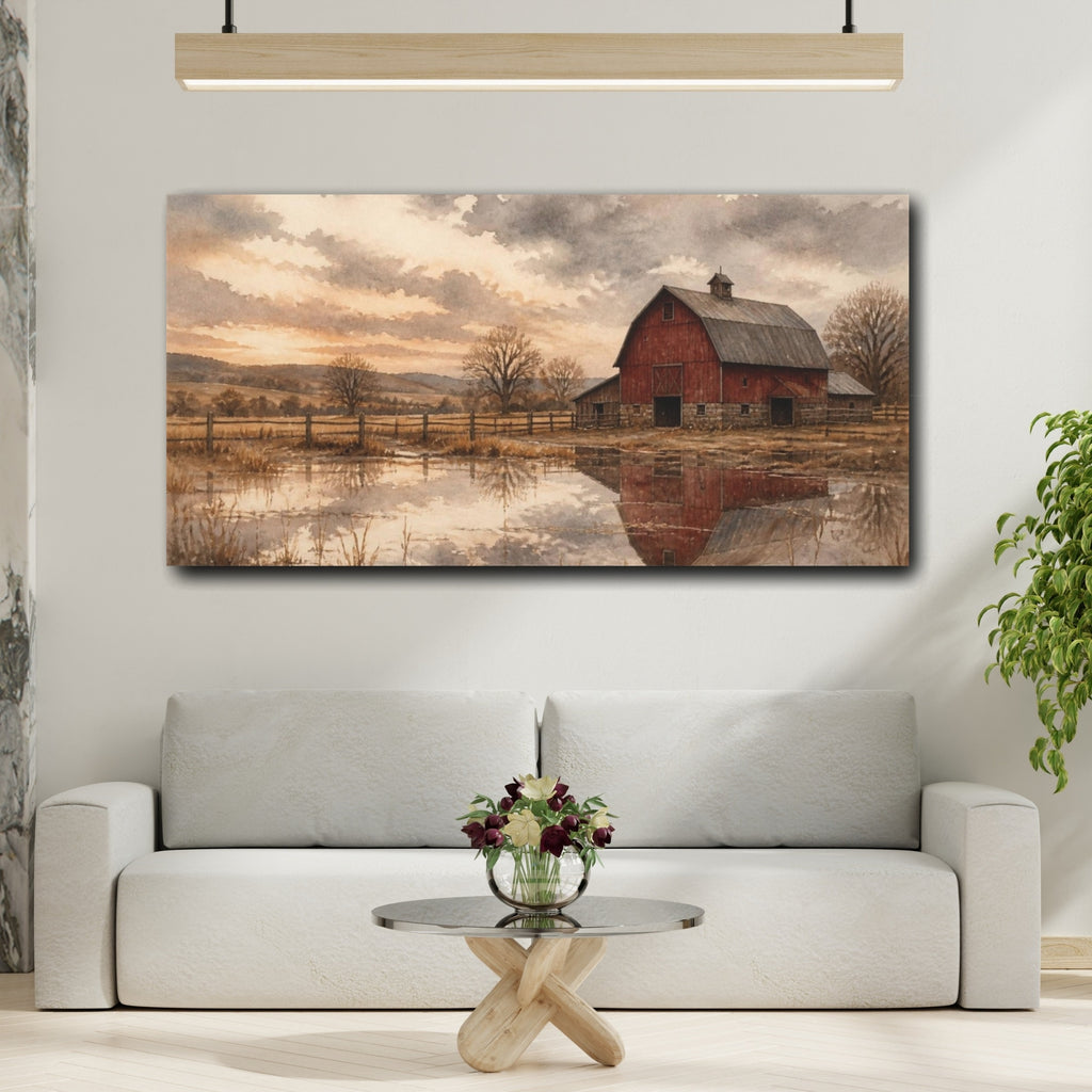Mockup 2. Rustic Red Barn Reflection shown as canvas print