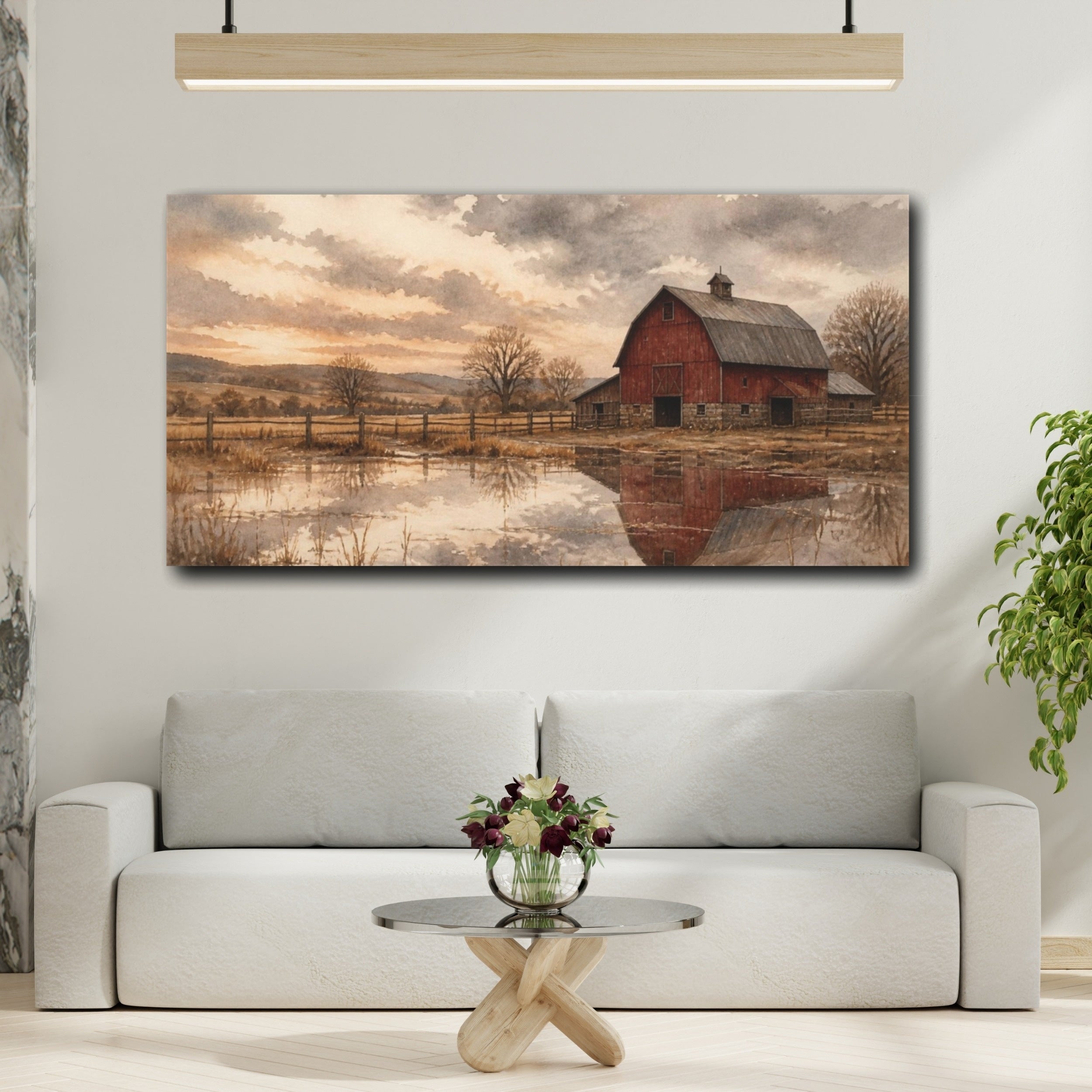 Mockup 2. Rustic Red Barn Reflection shown as canvas print