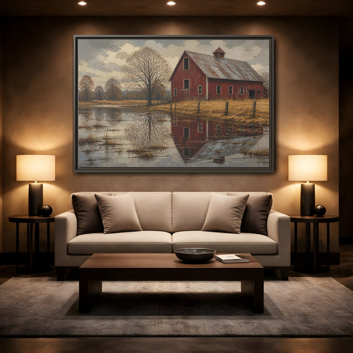 Mockup 2. Rustic Red Barn Reflection shown as framed canvas print