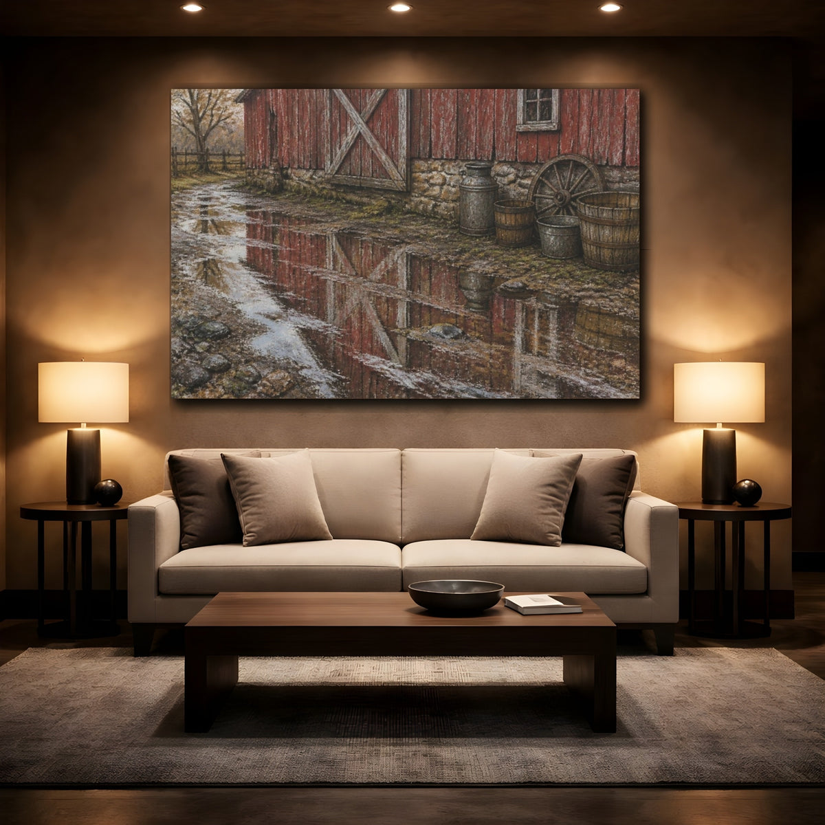 Mockup 2. Rustic Red Barn Reflection shown as canvas print