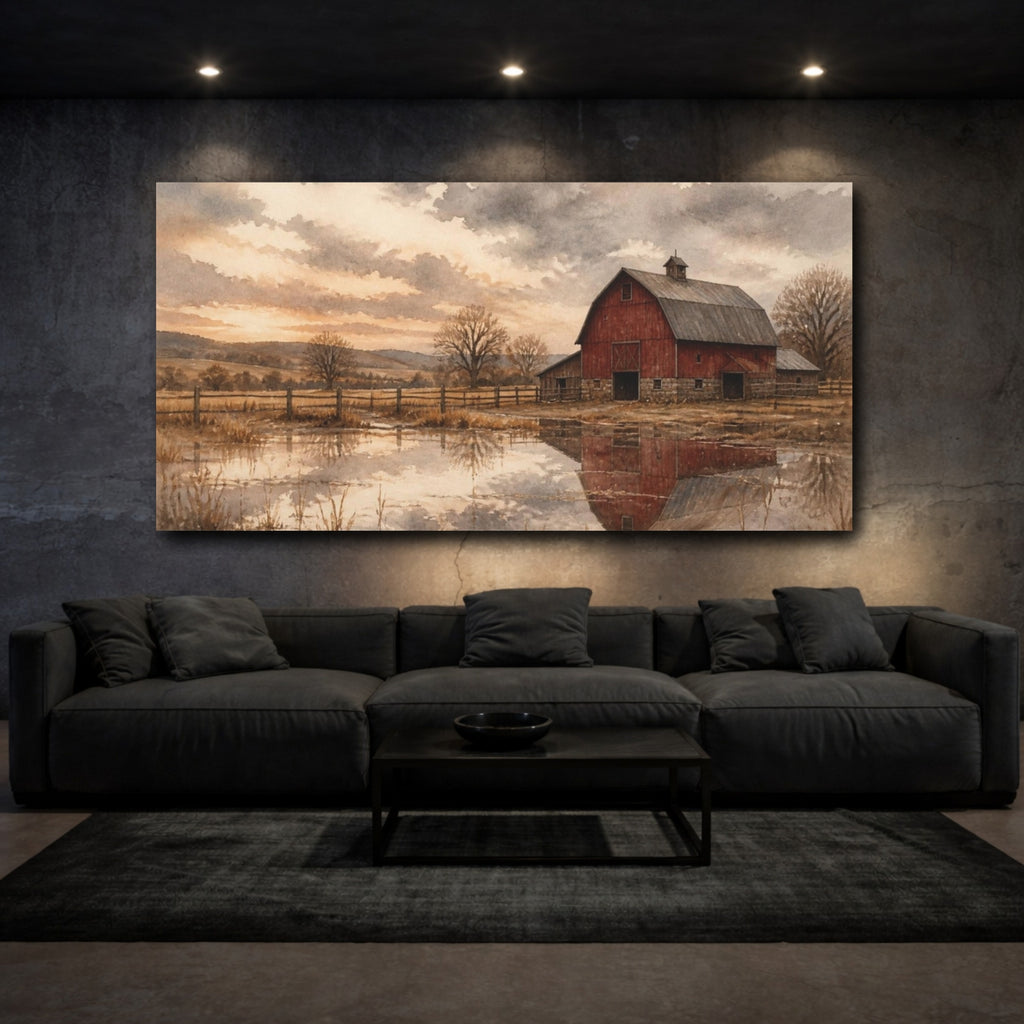 Mockup 3. Rustic Red Barn Reflection shown as canvas print