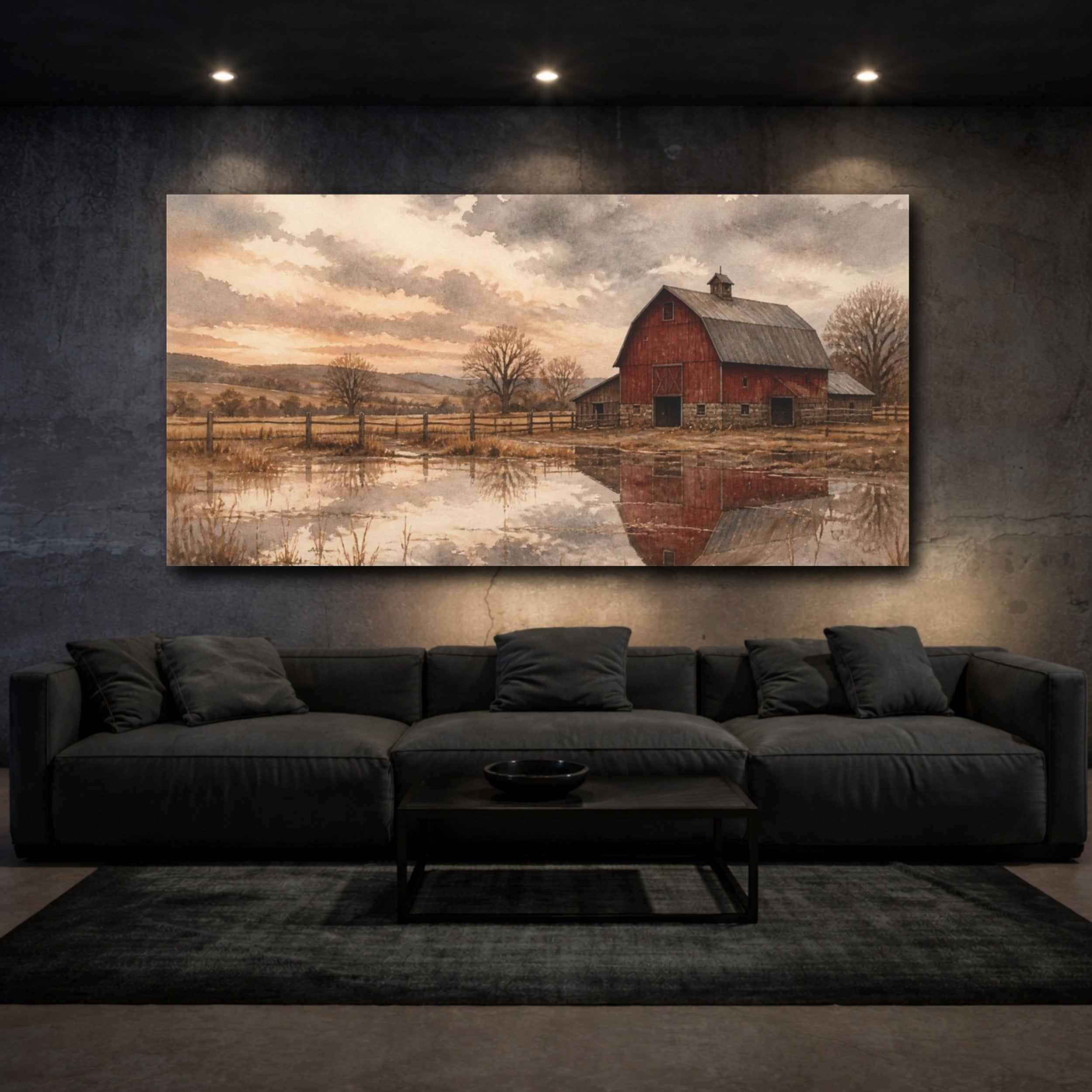Mockup 3. Rustic Red Barn Reflection shown as canvas print