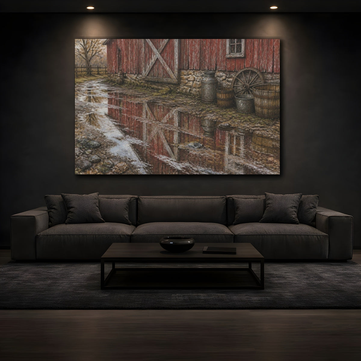 Mockup 3. Rustic Red Barn Reflection shown as canvas print