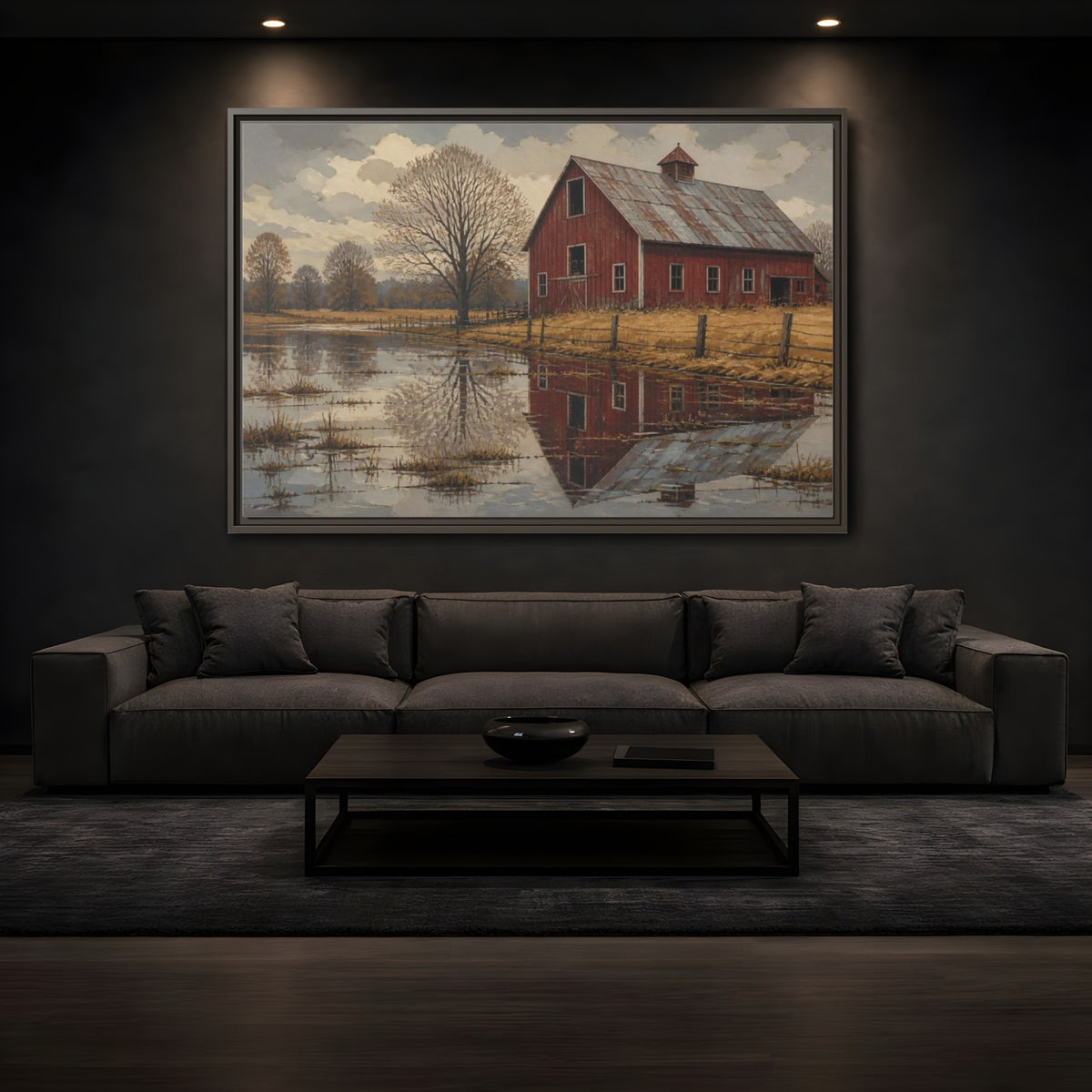 Mockup 3. Rustic Red Barn Reflection shown as framed canvas print