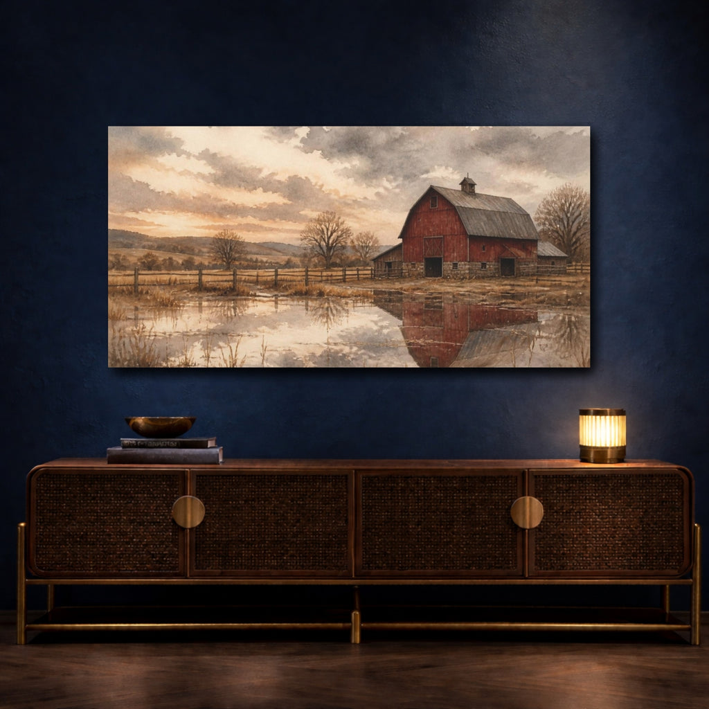 Mockup 4. Rustic Red Barn Reflection shown as canvas print