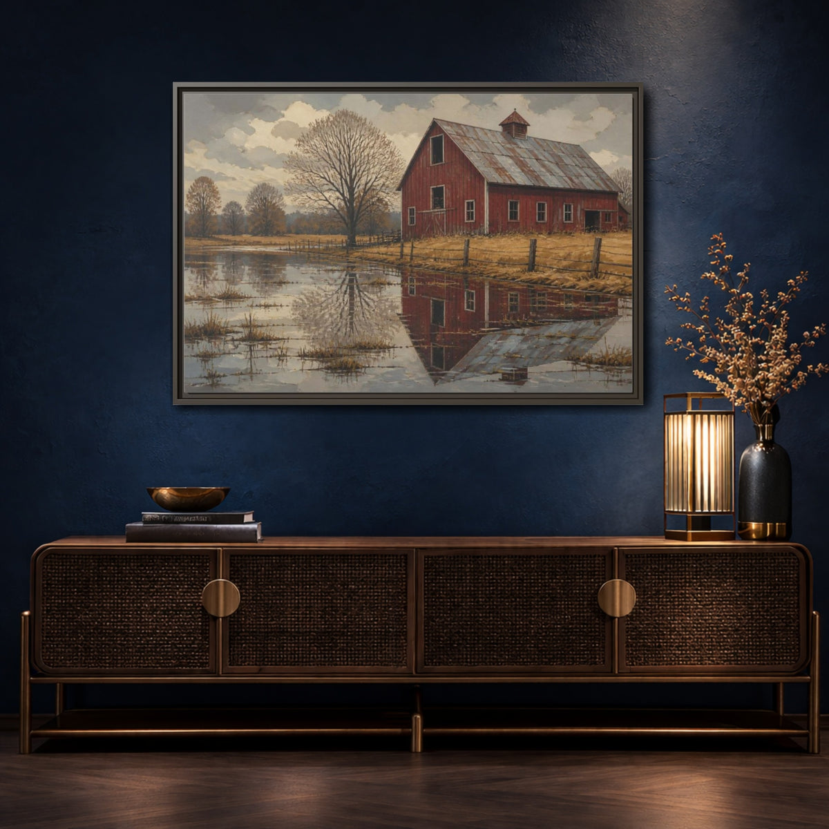 Mockup 4. Rustic Red Barn Reflection shown as framed canvas print