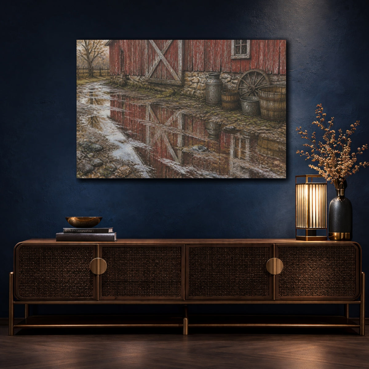 Mockup 4. Rustic Red Barn Reflection shown as canvas print