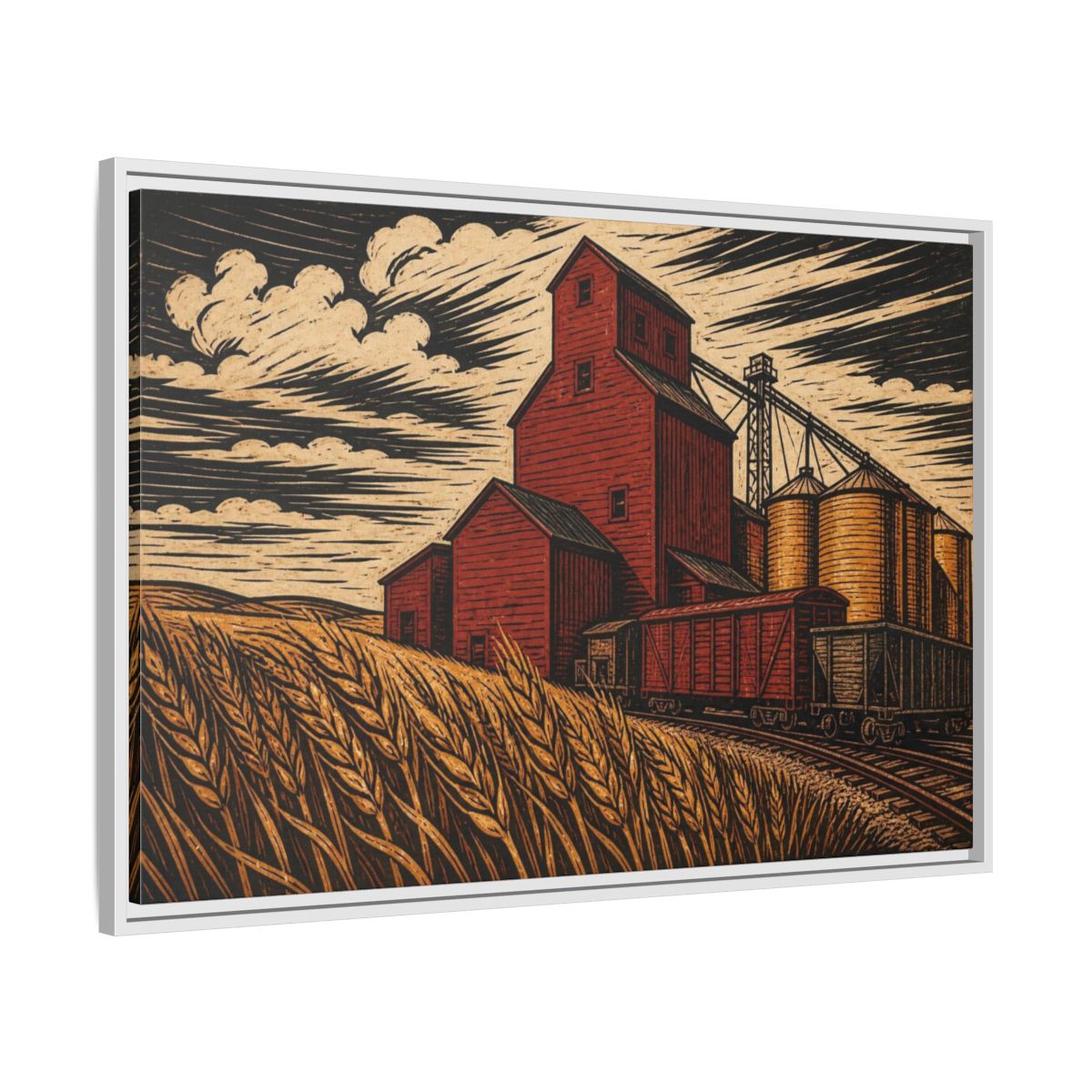 Side Mockup 9. Rustic Red Grain Elevator shown as framed canvas print