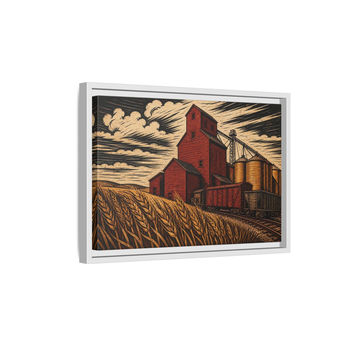 Side Mockup 4. Rustic Red Grain Elevator shown as framed canvas print