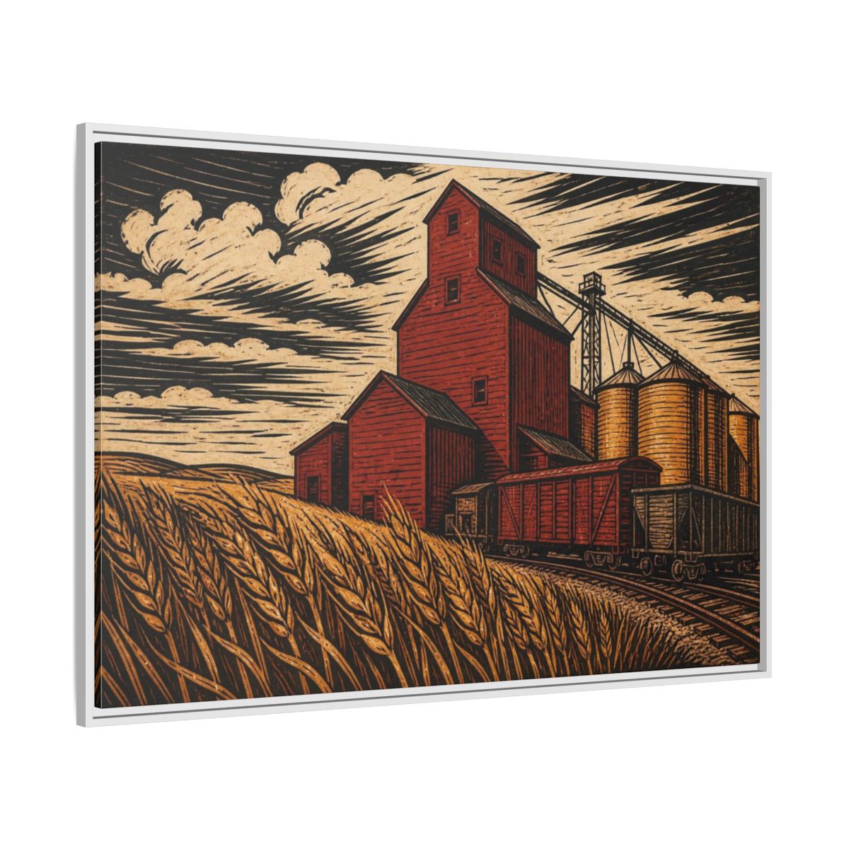 Side Mockup 7. Rustic Red Grain Elevator shown as framed canvas print