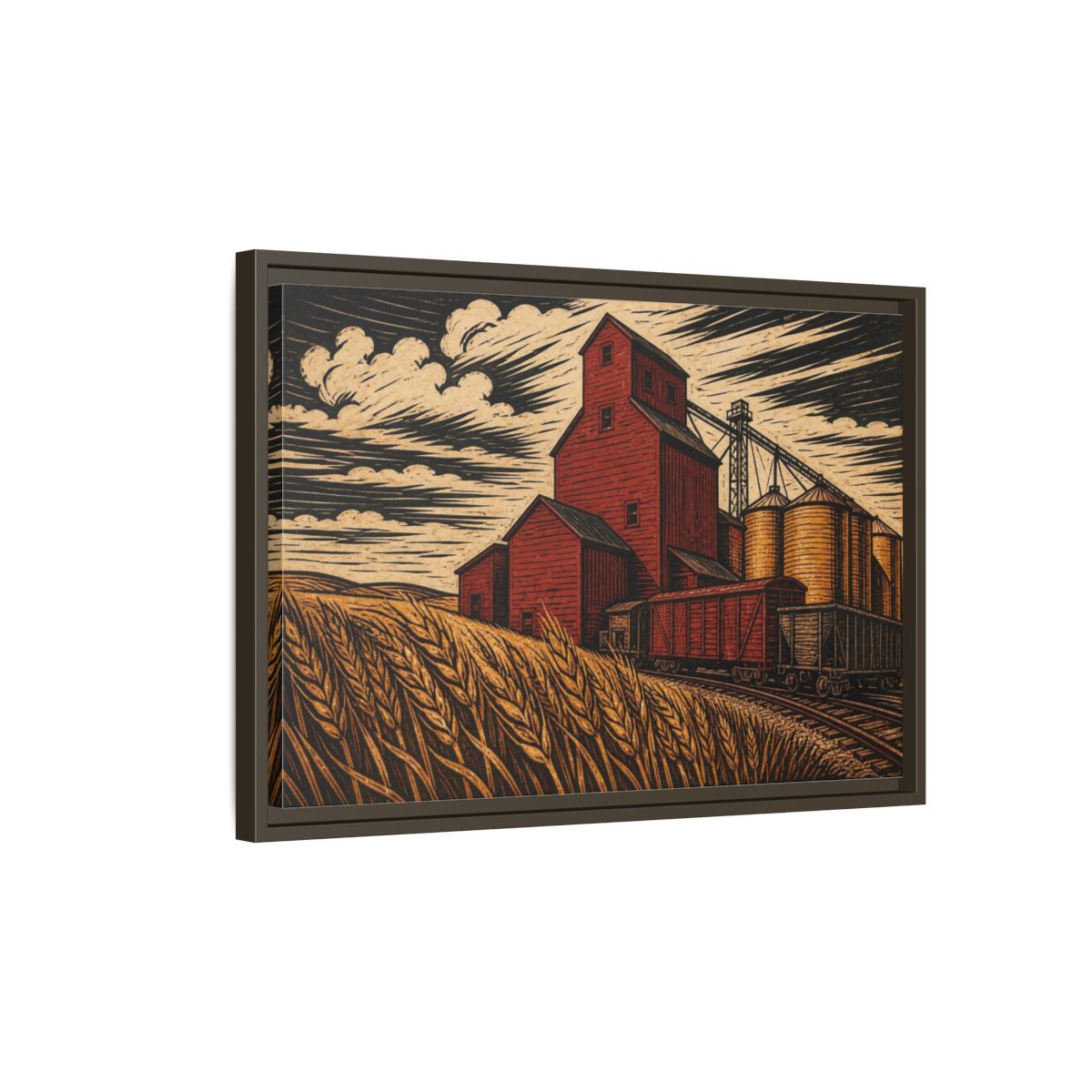 Side Mockup 2. Rustic Red Grain Elevator shown as framed canvas print
