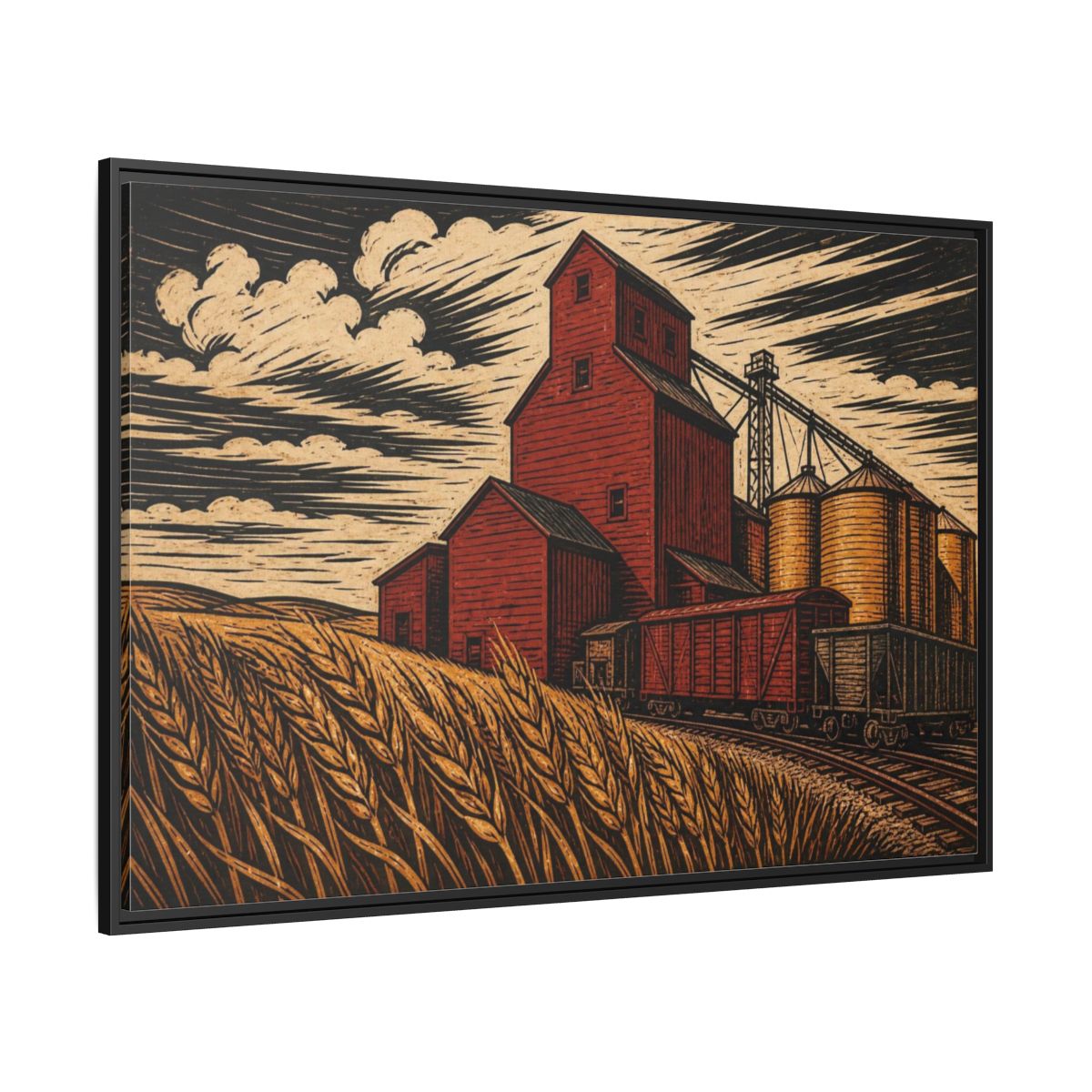 Side Mockup 12. Rustic Red Grain Elevator shown as framed canvas print