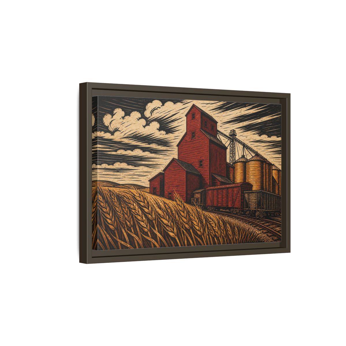 Side Mockup 5. Rustic Red Grain Elevator shown as framed canvas print