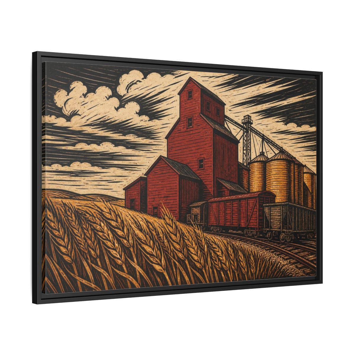 Side Mockup 13. Rustic Red Grain Elevator shown as framed canvas print
