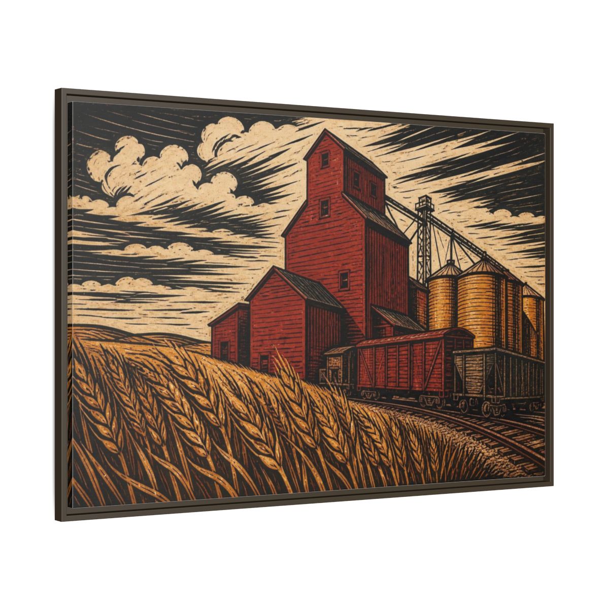 Side Mockup 8. Rustic Red Grain Elevator shown as framed canvas print