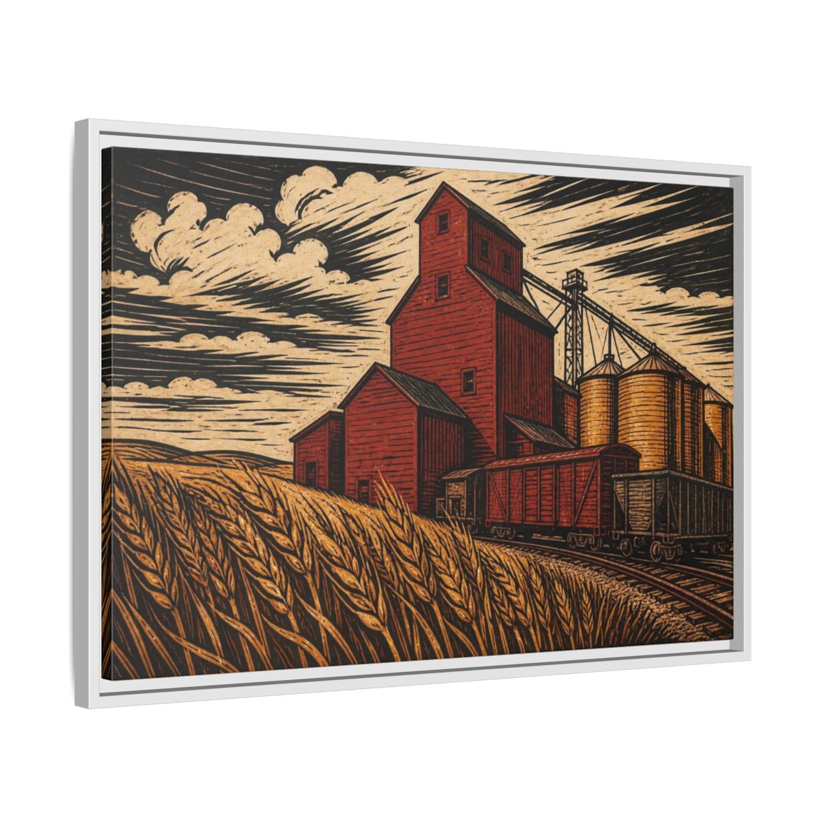 Side Mockup 10. Rustic Red Grain Elevator shown as framed canvas print
