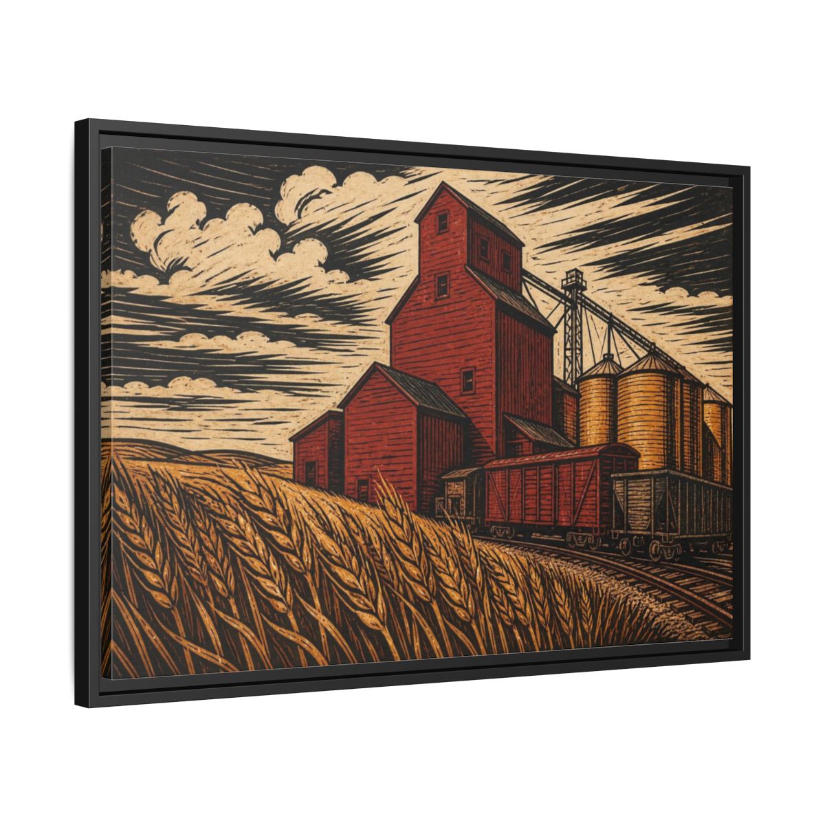 Side Mockup 14. Rustic Red Grain Elevator shown as framed canvas print
