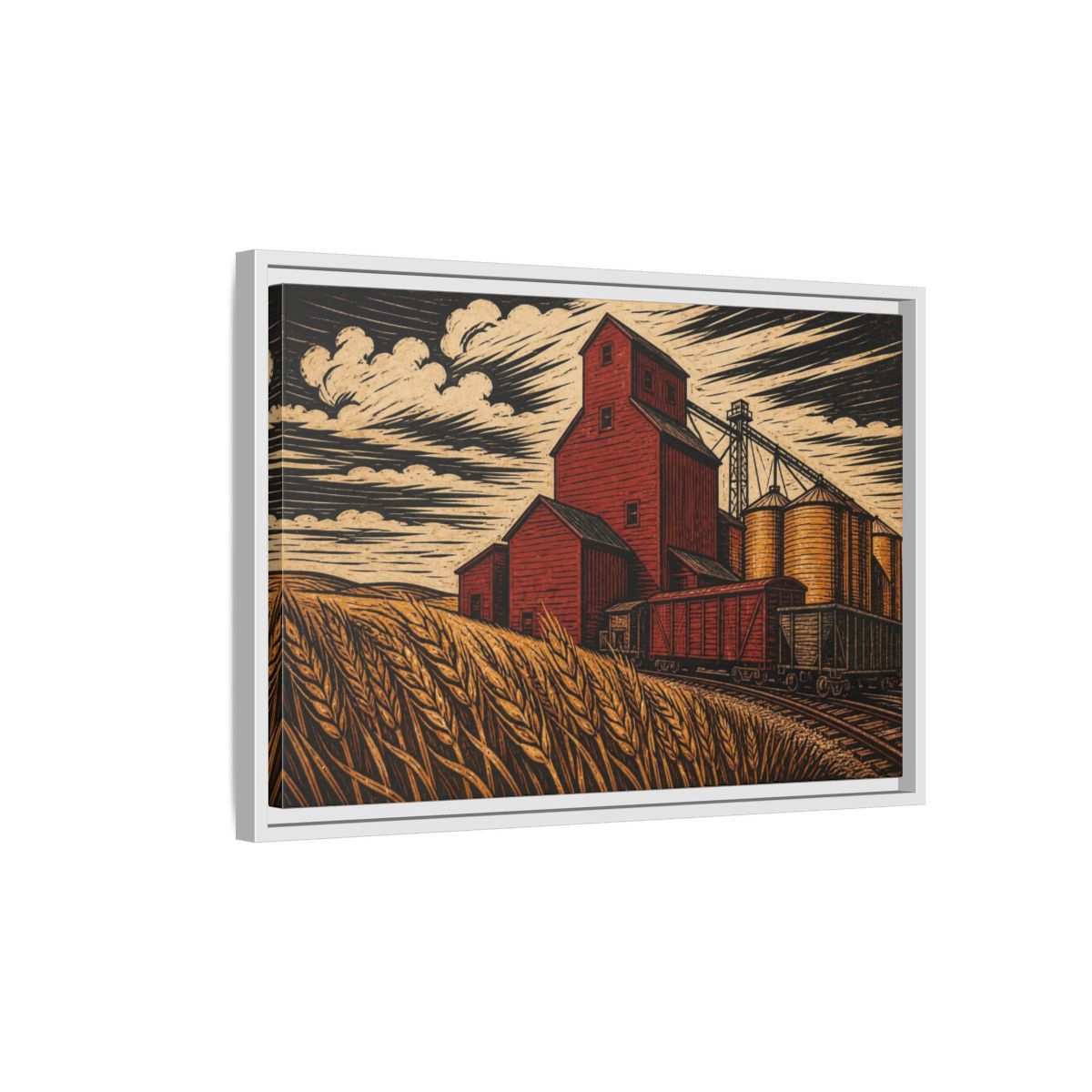Side Mockup 1. Rustic Red Grain Elevator shown as framed canvas print
