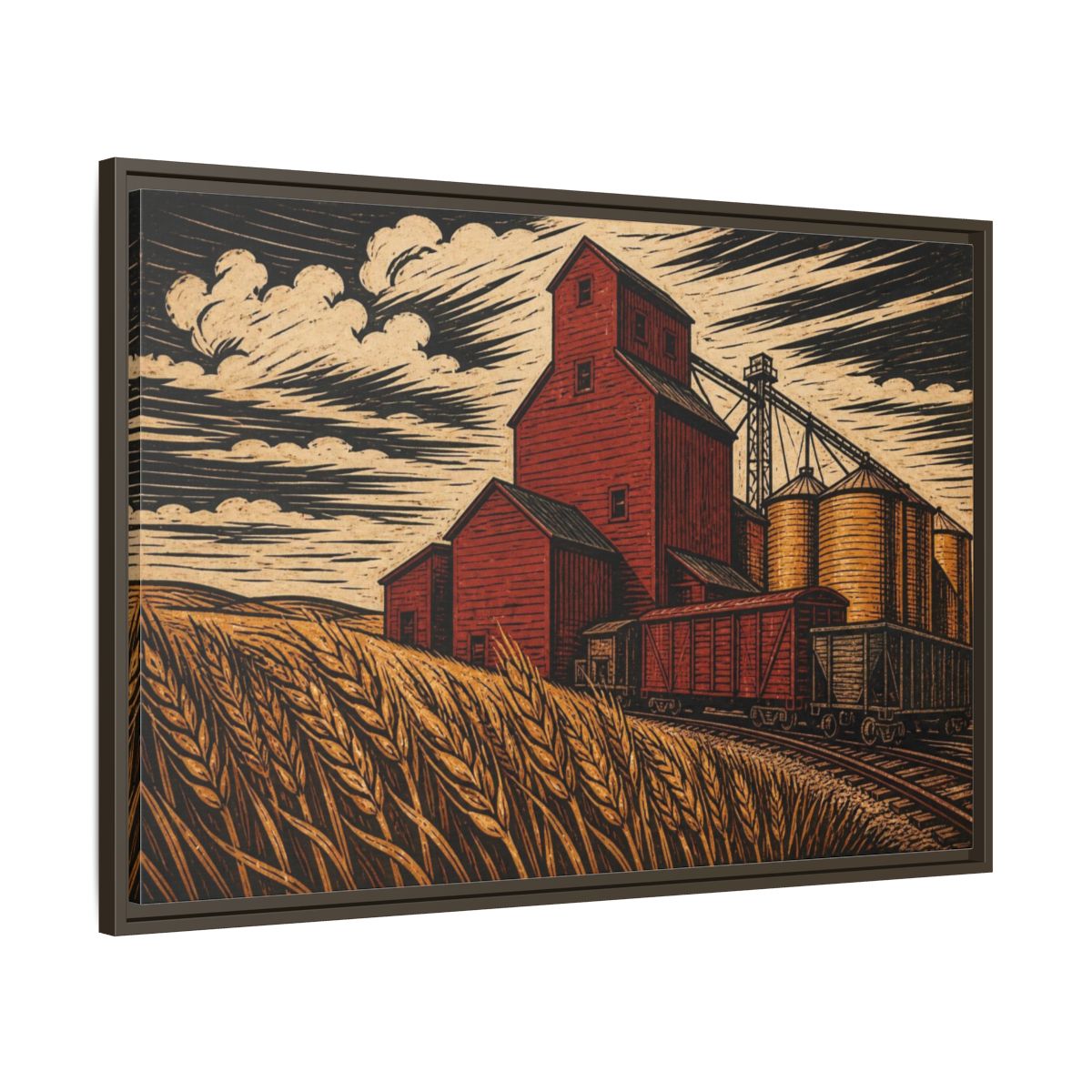 Main Mockup. Rustic Red Grain Elevator shown as framed canvas print