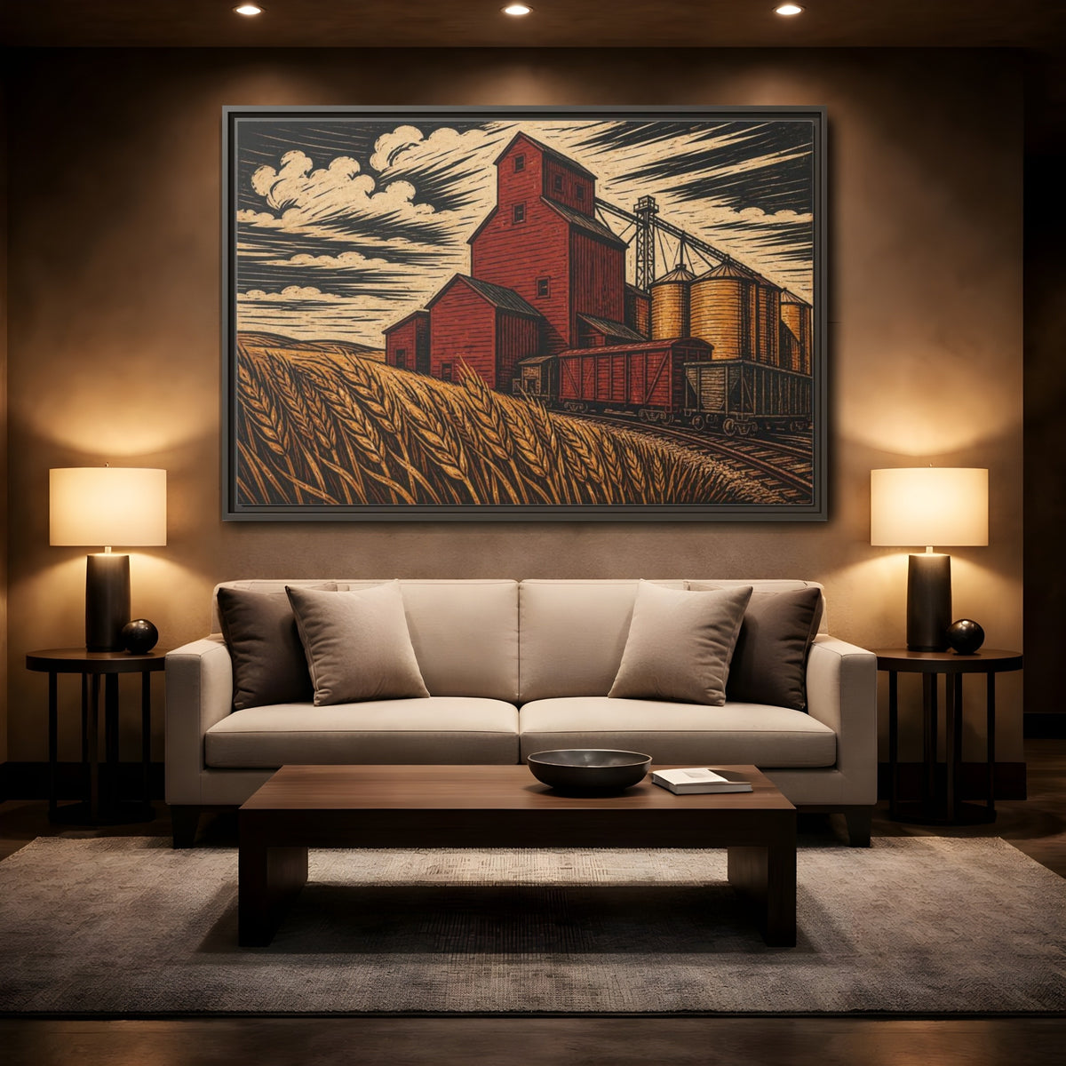Mockup 2. Rustic Red Grain Elevator shown as framed canvas print