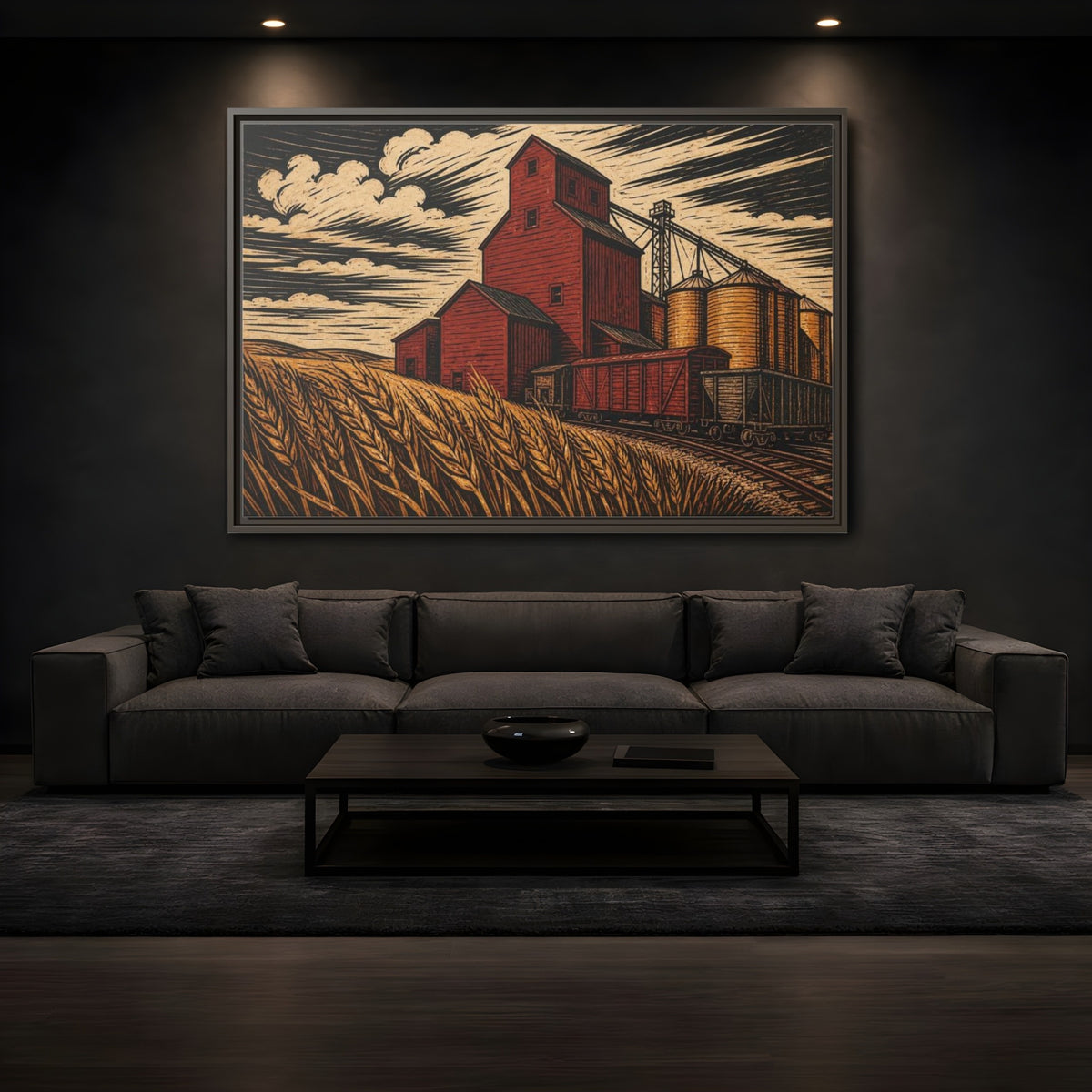 Mockup 3. Rustic Red Grain Elevator shown as framed canvas print
