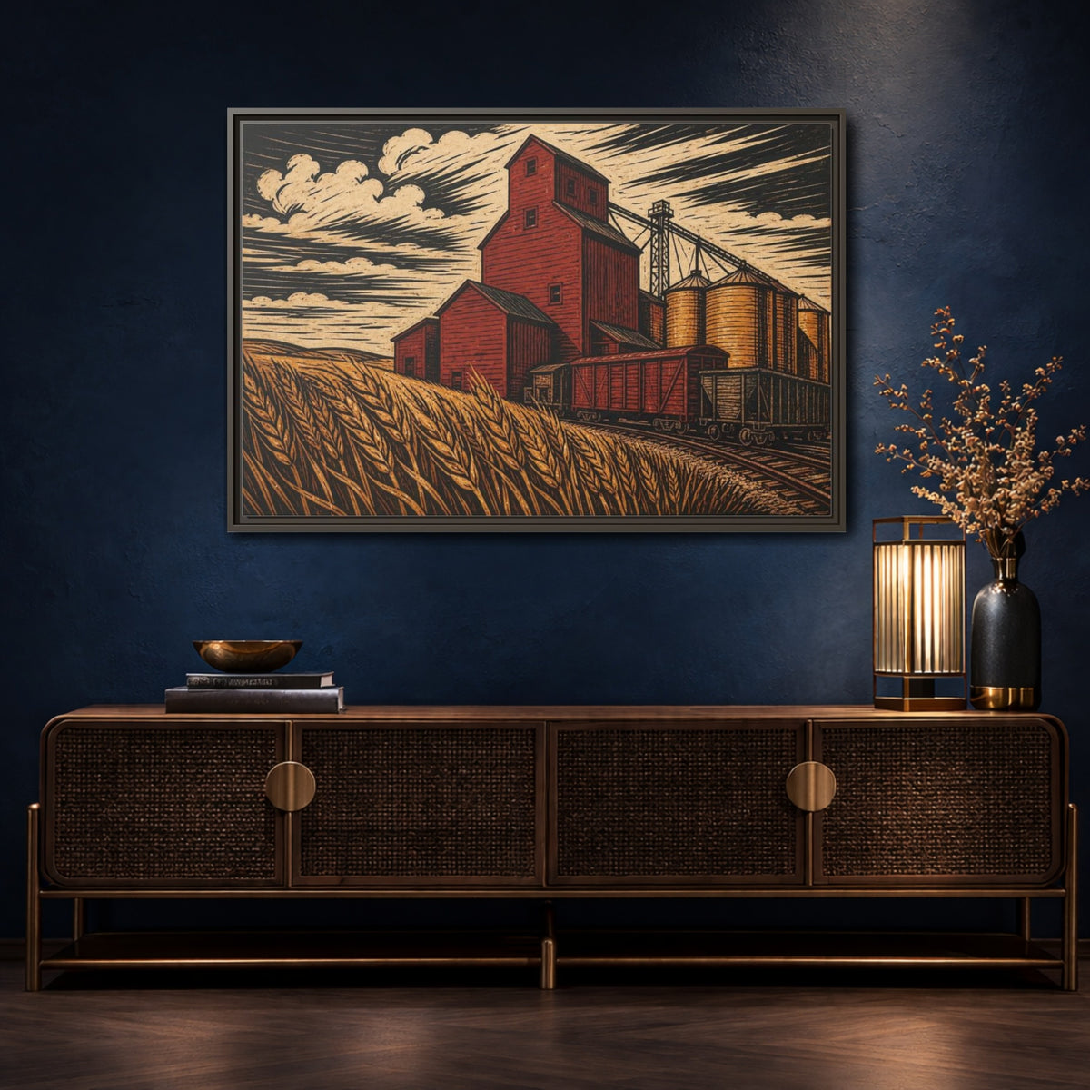Mockup 4. Rustic Red Grain Elevator shown as framed canvas print