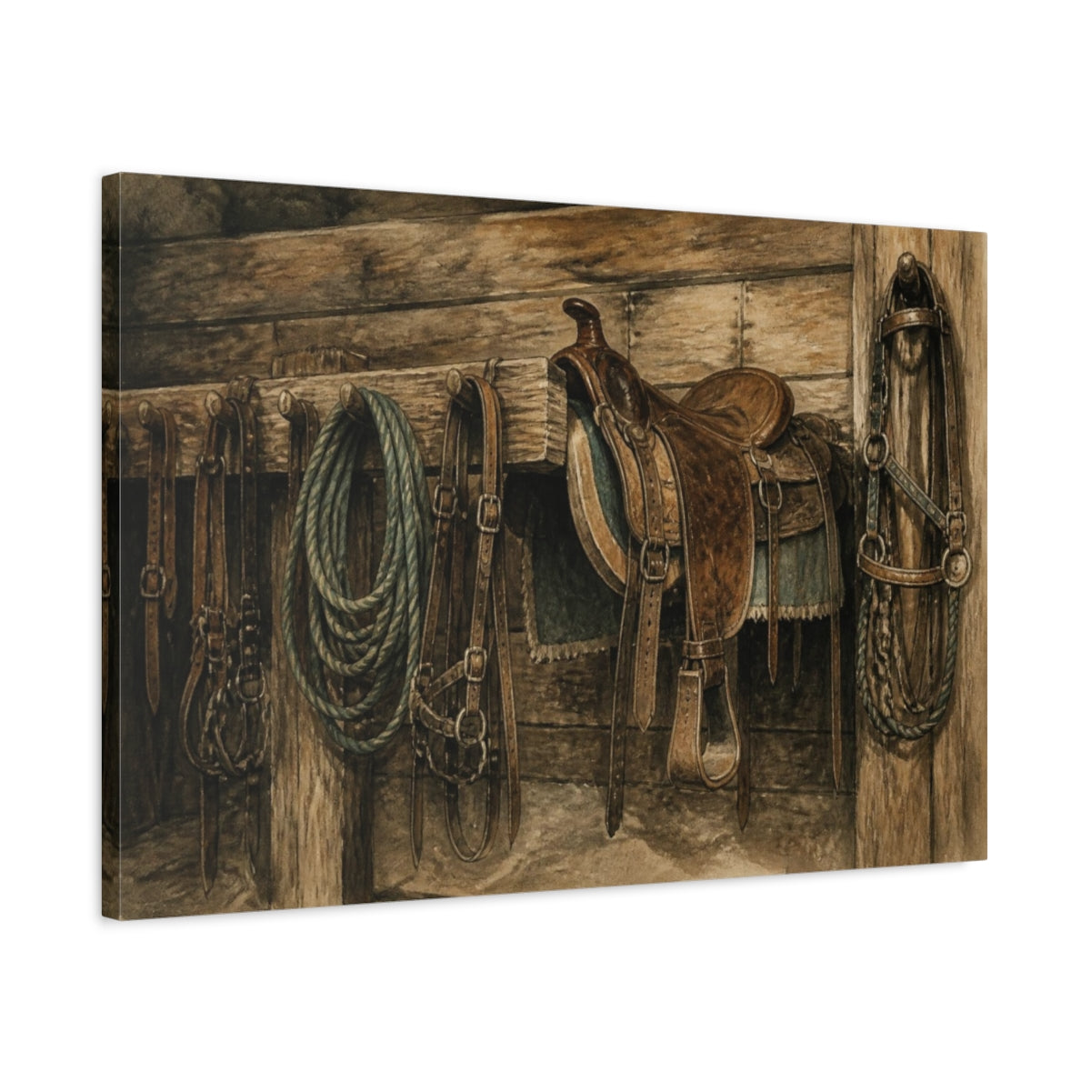 Side Mockup 2. Rustic Saddle And Ropes shown as canvas print