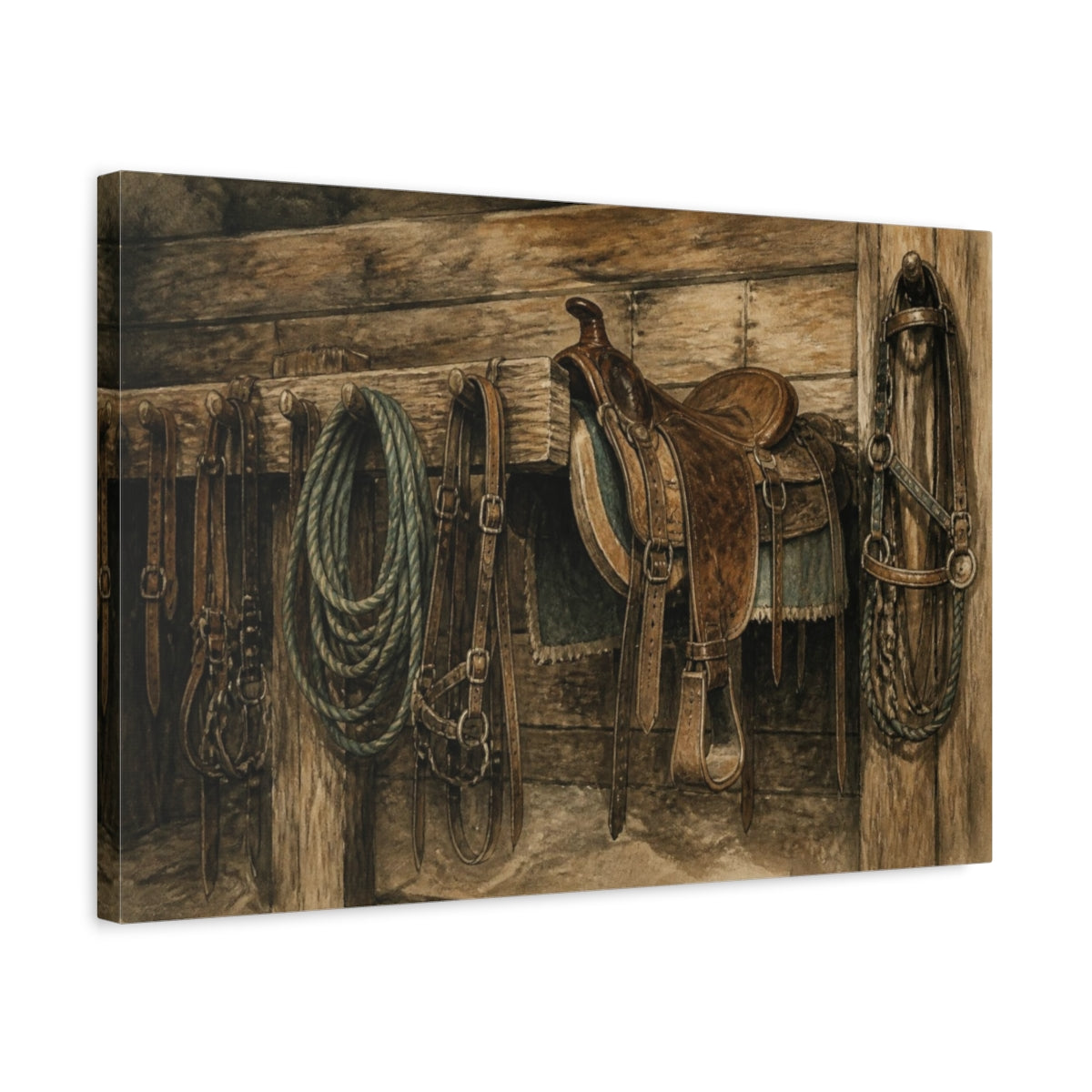 Side Mockup 3. Rustic Saddle And Ropes shown as canvas print