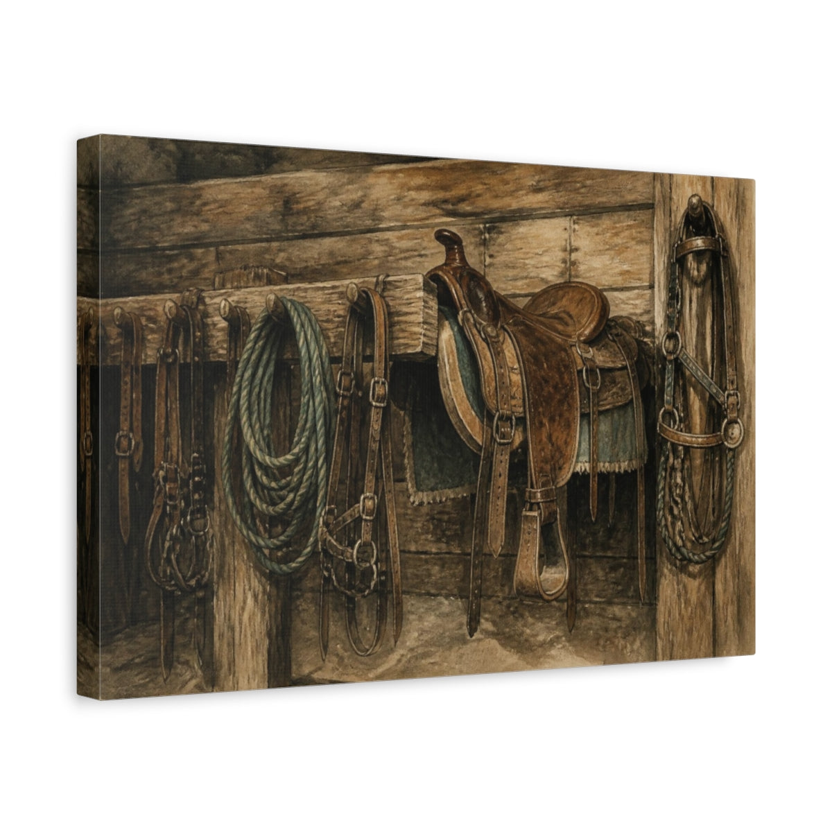 Side Mockup 4. Rustic Saddle And Ropes shown as canvas print