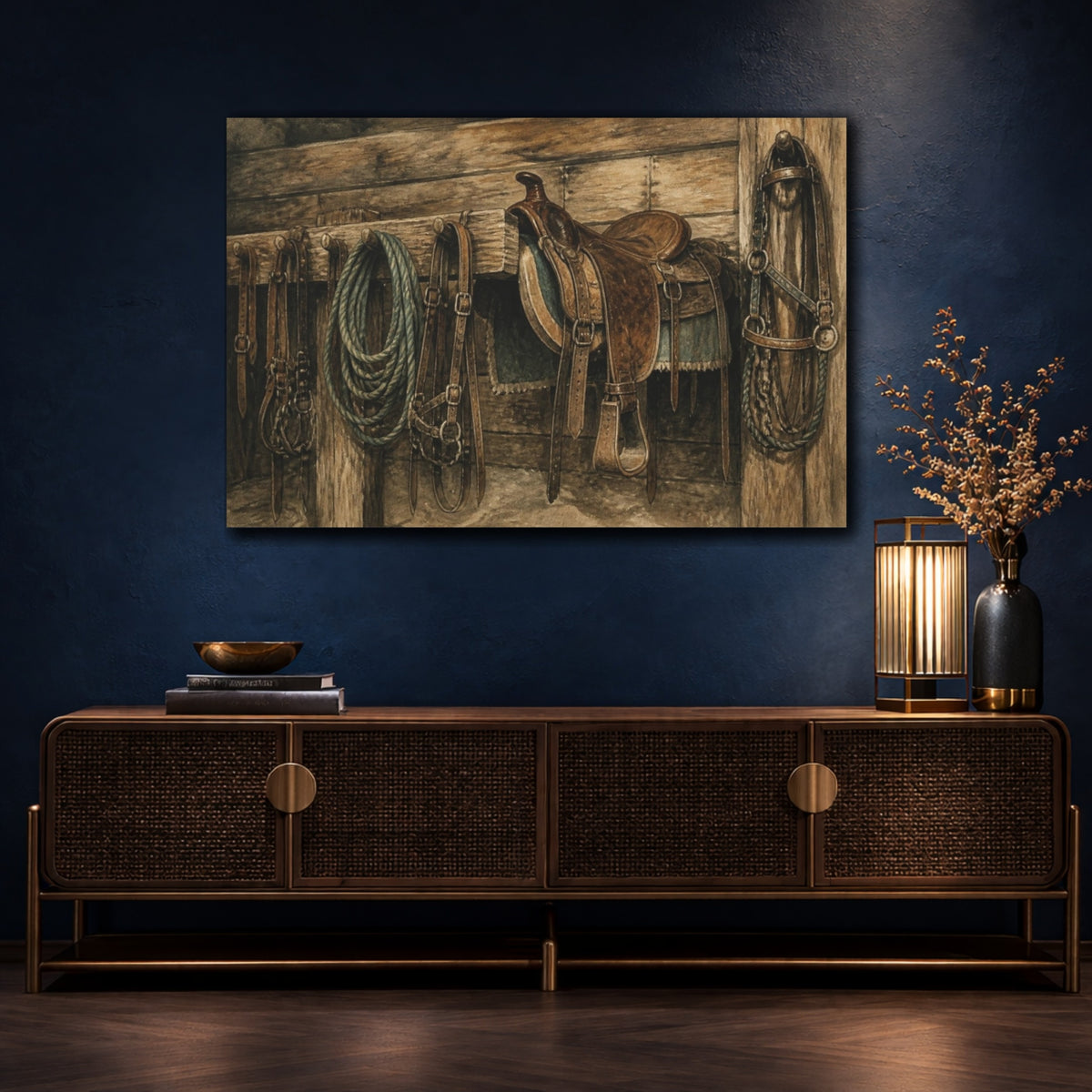 Mockup 4. Rustic Saddle And Ropes shown as canvas print
