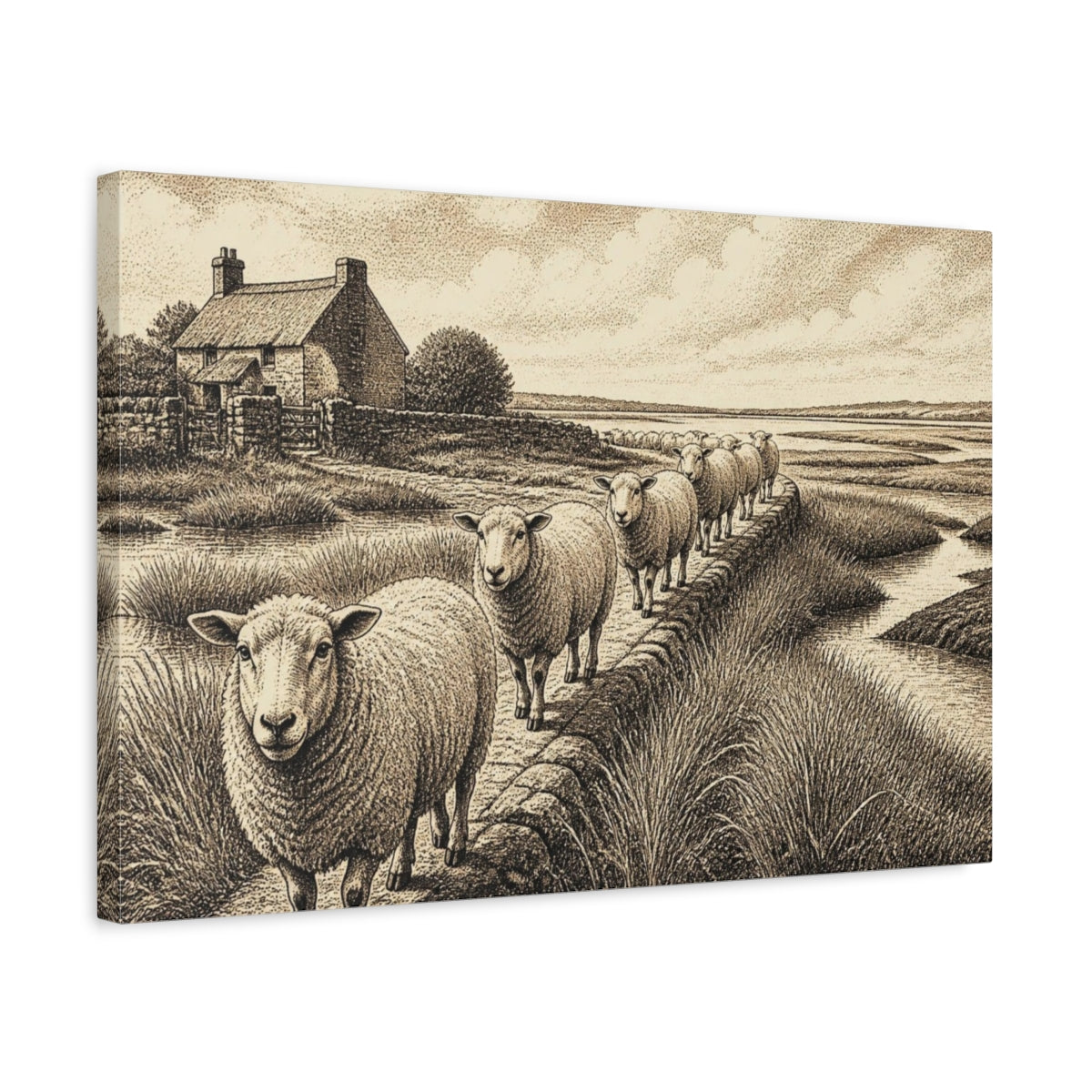 Side Mockup 3. Rustic Sheep Causeway shown as canvas print