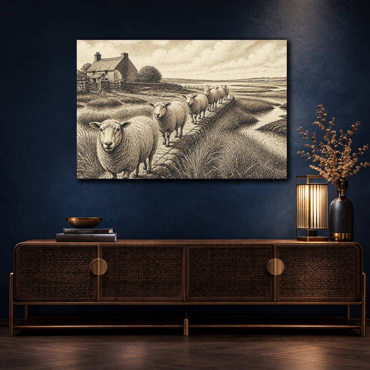 Mockup 4. Rustic Sheep Causeway shown as canvas print