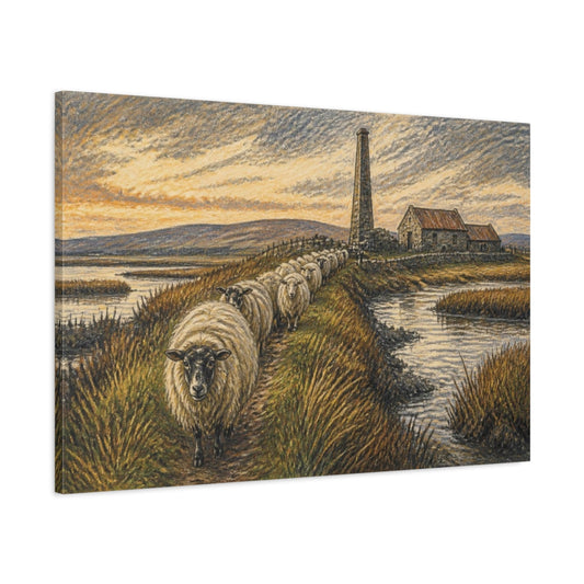 Main Mockup. Rustic Sheep On Causeway shown as canvas print