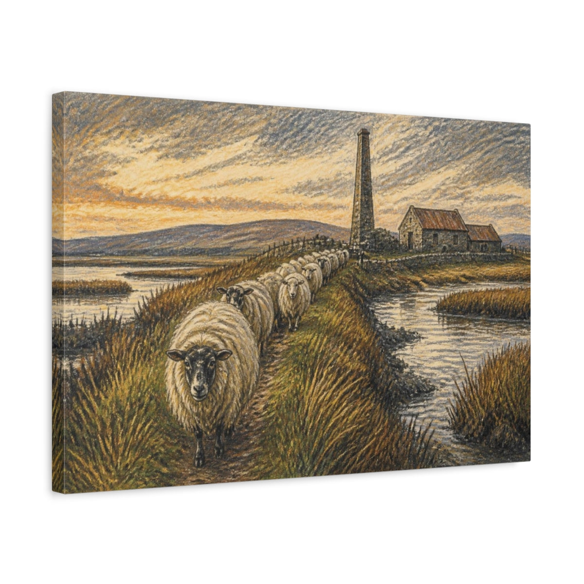 Side Mockup 3. Rustic Sheep On Causeway shown as canvas print