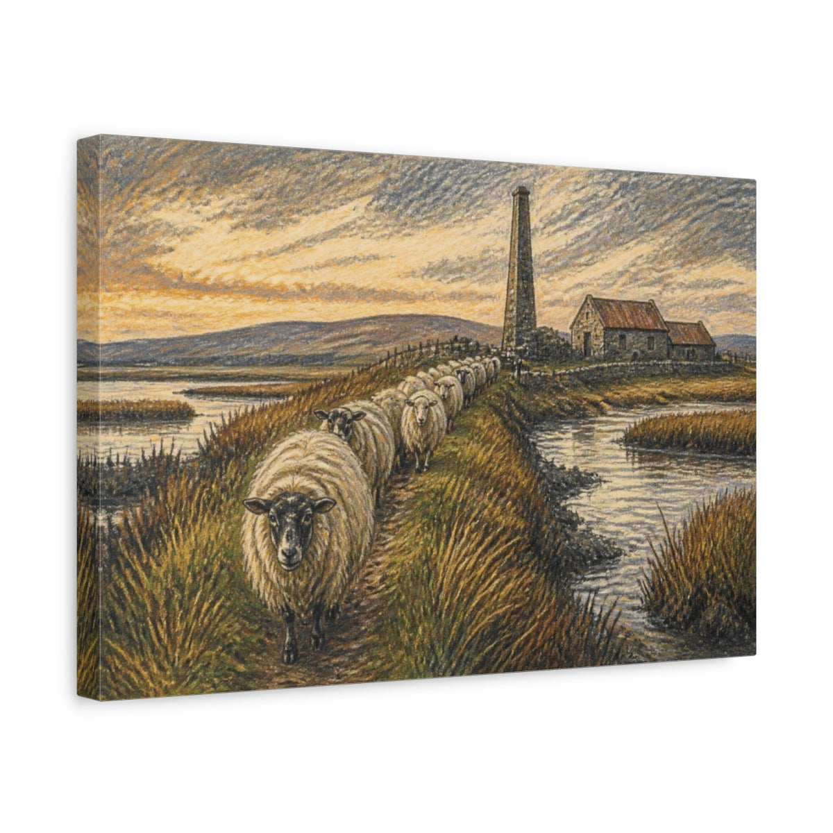 Side Mockup 4. Rustic Sheep On Causeway shown as canvas print