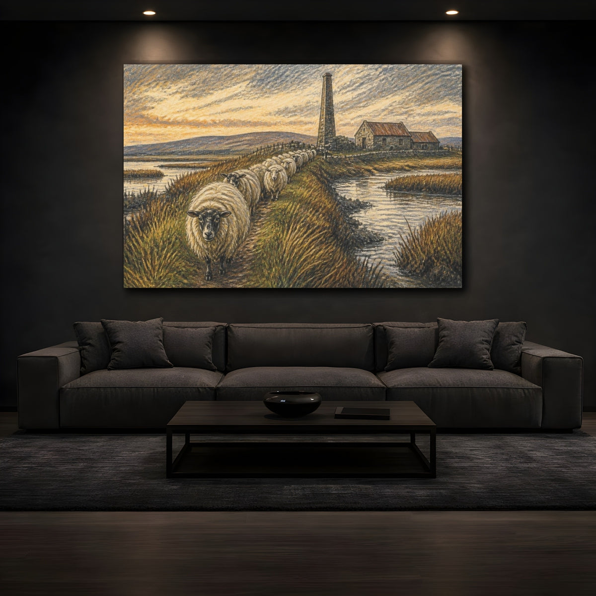 Mockup 3. Rustic Sheep On Causeway shown as canvas print