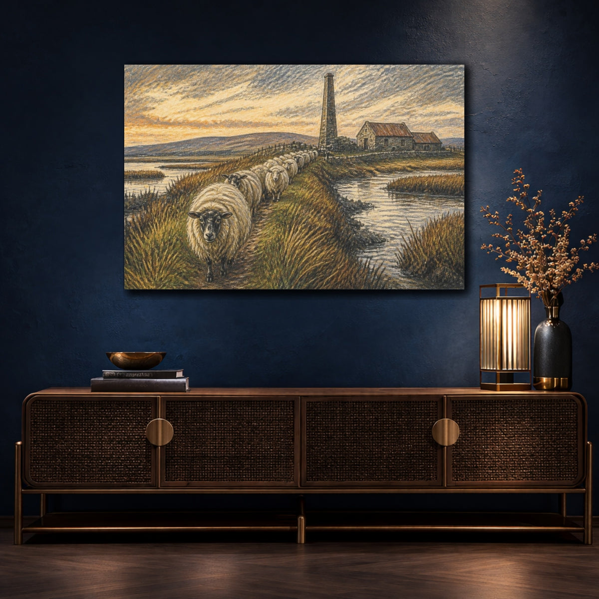 Mockup 4. Rustic Sheep On Causeway shown as canvas print