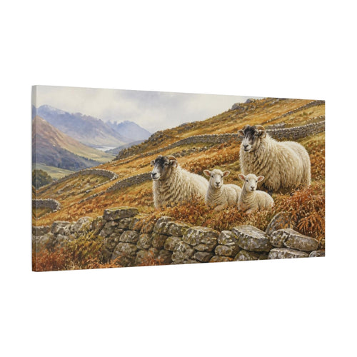 Main Mockup. Rustic Sheep On Hillside shown as canvas print
