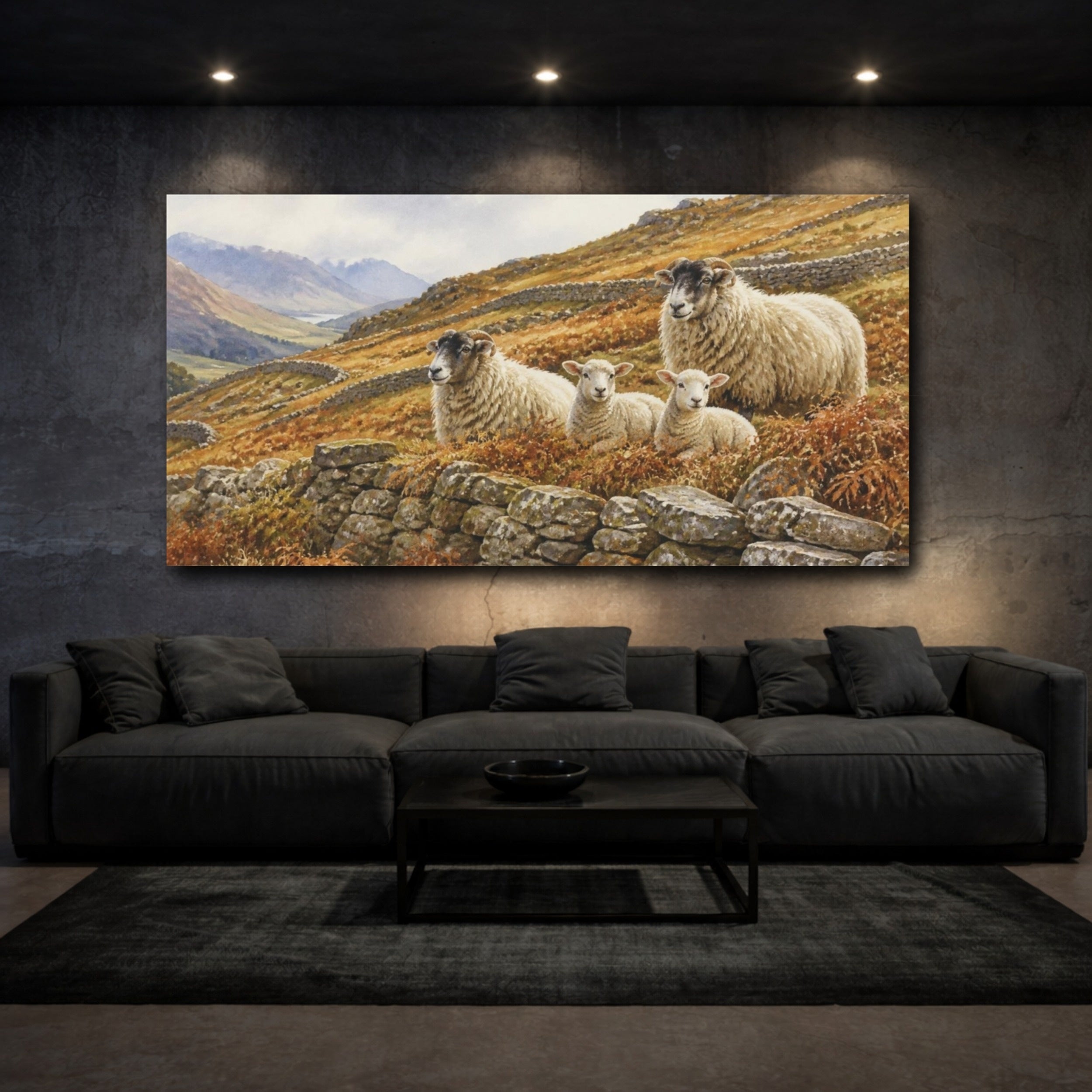 Mockup 3. Rustic Sheep On Hillside shown as canvas print