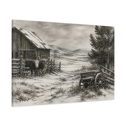 Main Mockup. Rustic Snowy Barn Scene shown as canvas print