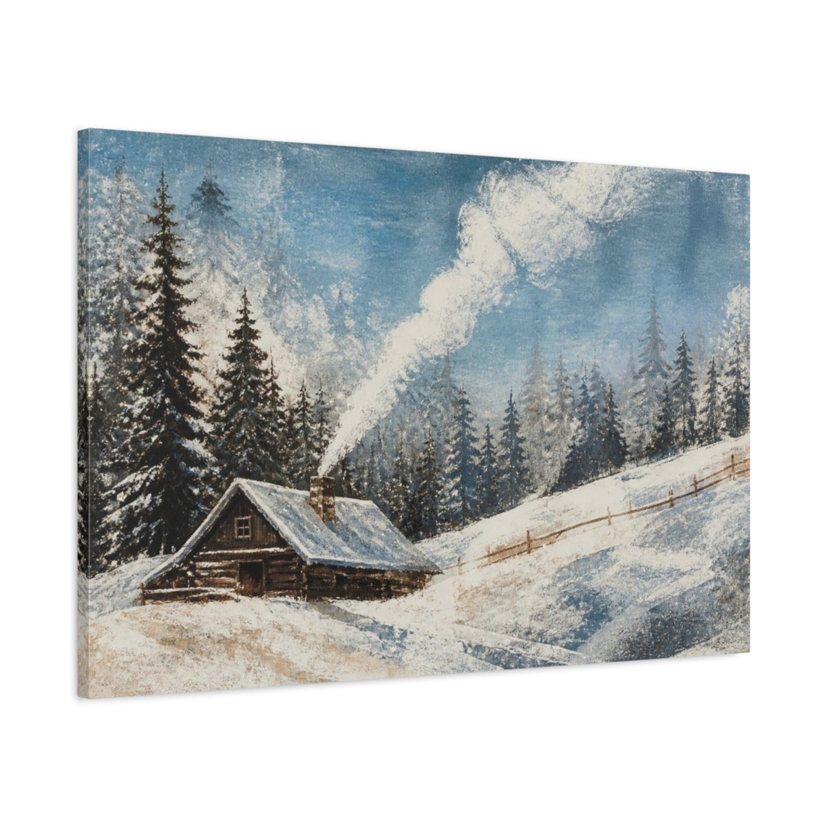 Main Mockup. Rustic Snowy Cabin shown as canvas print