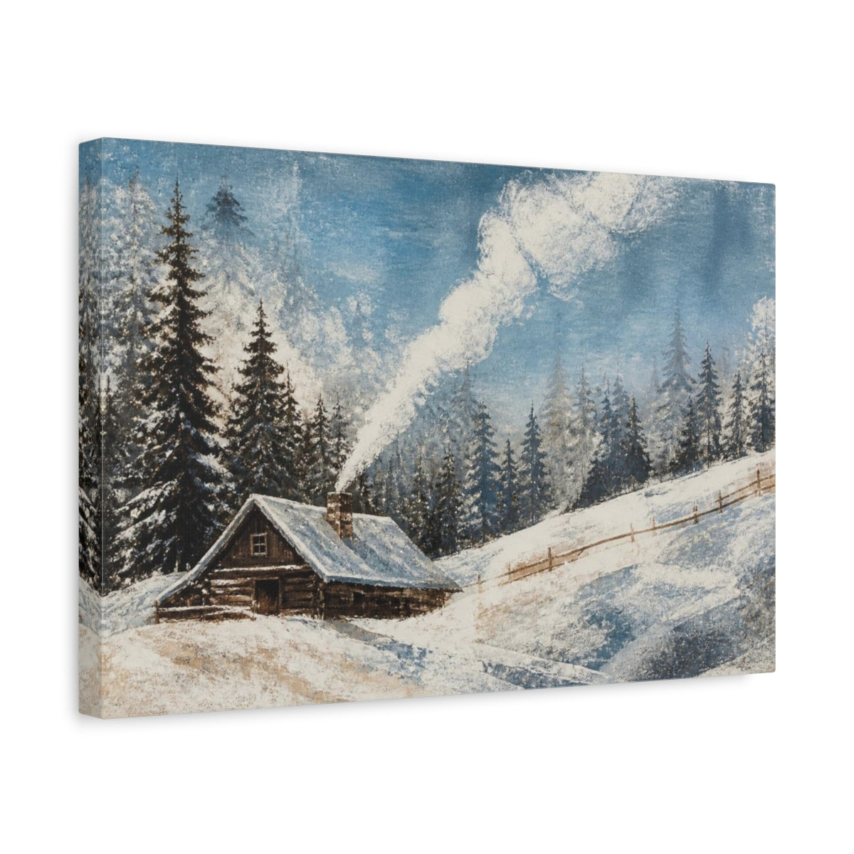 Side Mockup 4. Rustic Snowy Cabin shown as canvas print