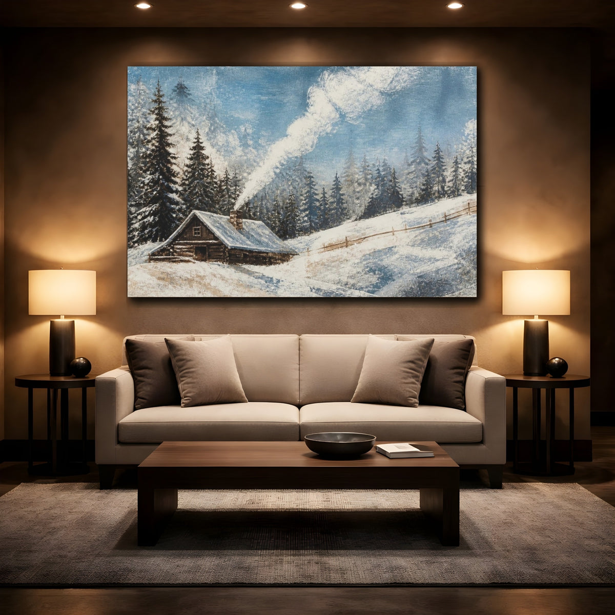 Mockup 2. Rustic Snowy Cabin shown as canvas print