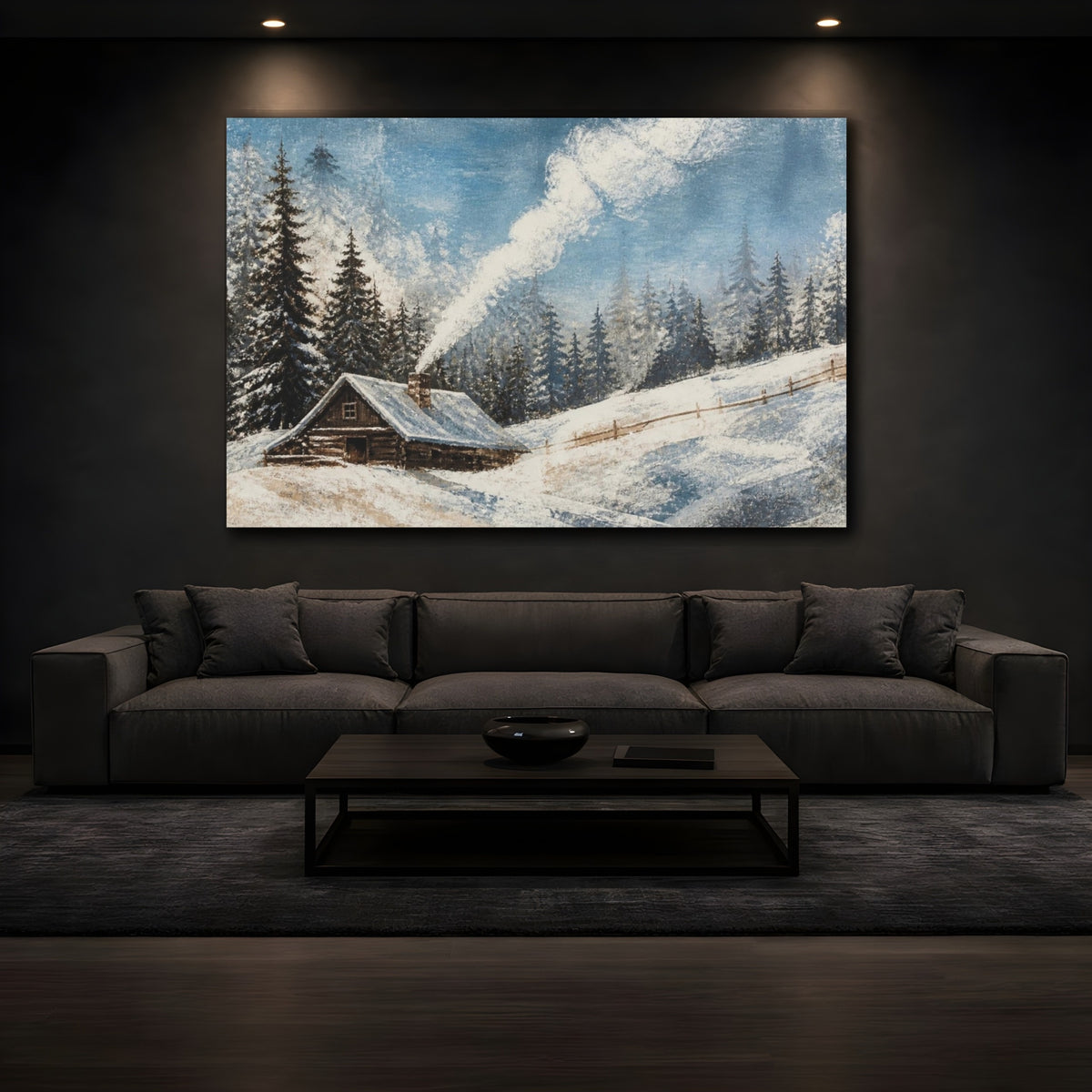 Mockup 3. Rustic Snowy Cabin shown as canvas print