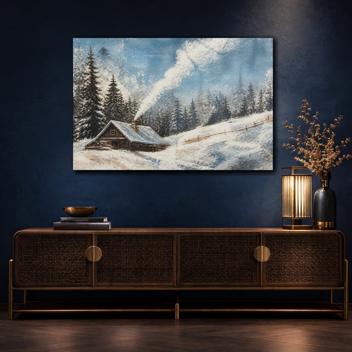 Mockup 4. Rustic Snowy Cabin shown as canvas print