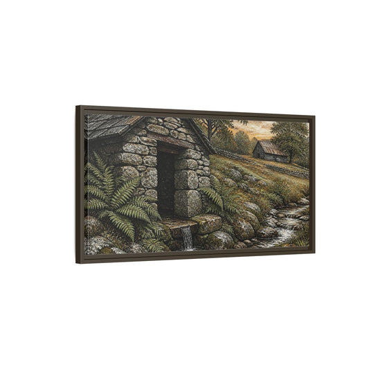 Main Mockup. Rustic Springhouse Retreat shown as framed canvas print