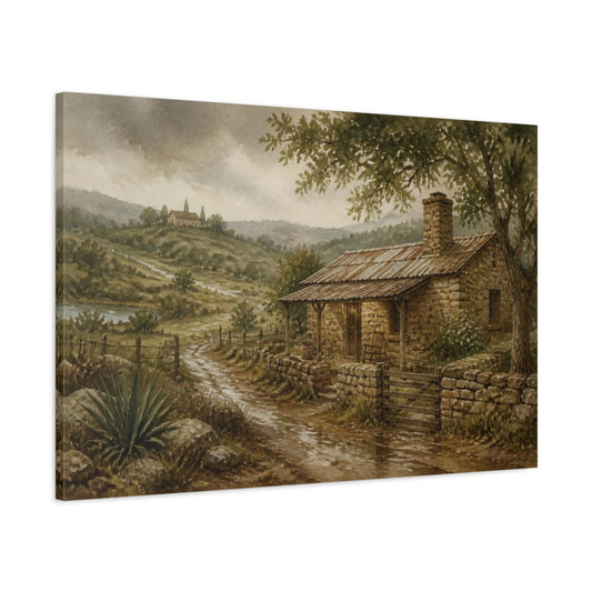 Main Mockup. Rustic Stone Cottage shown as canvas print