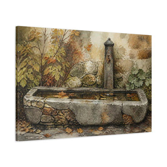 Main Mockup. Rustic Stone Trough Fountain shown as canvas print