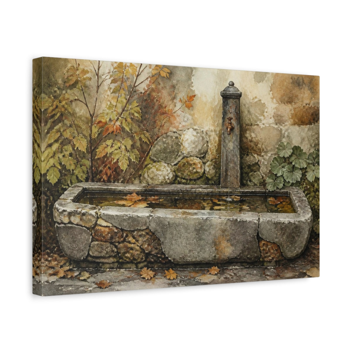 Side Mockup 4. Rustic Stone Trough Fountain shown as canvas print